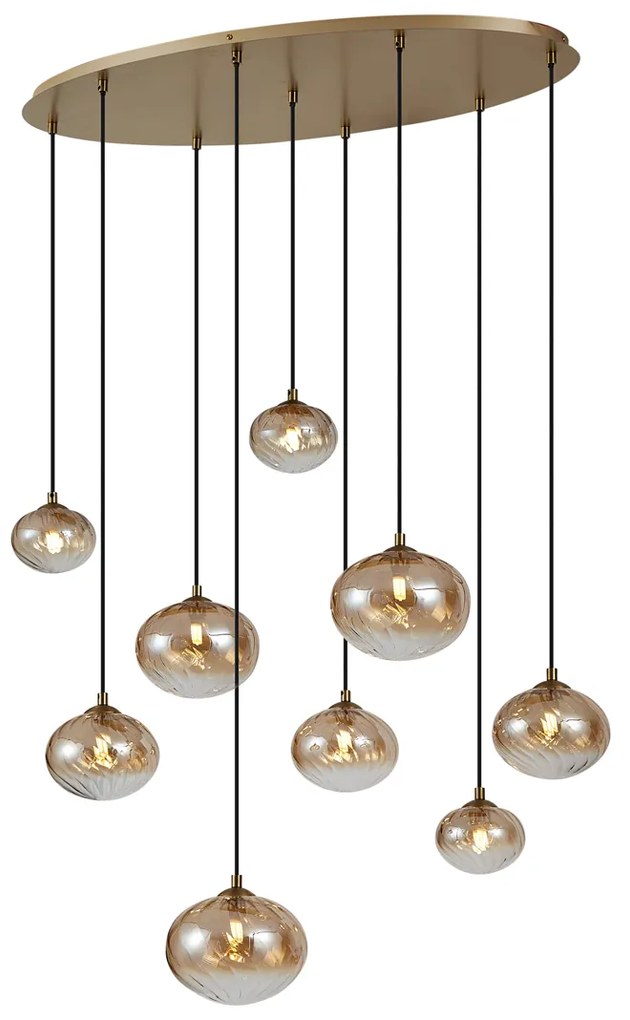 Lampa wisząca Art Deco złota z bursztynowym szkłem 9-punktowa - Jia ArtDeco Oswietlenie wewnetrzne