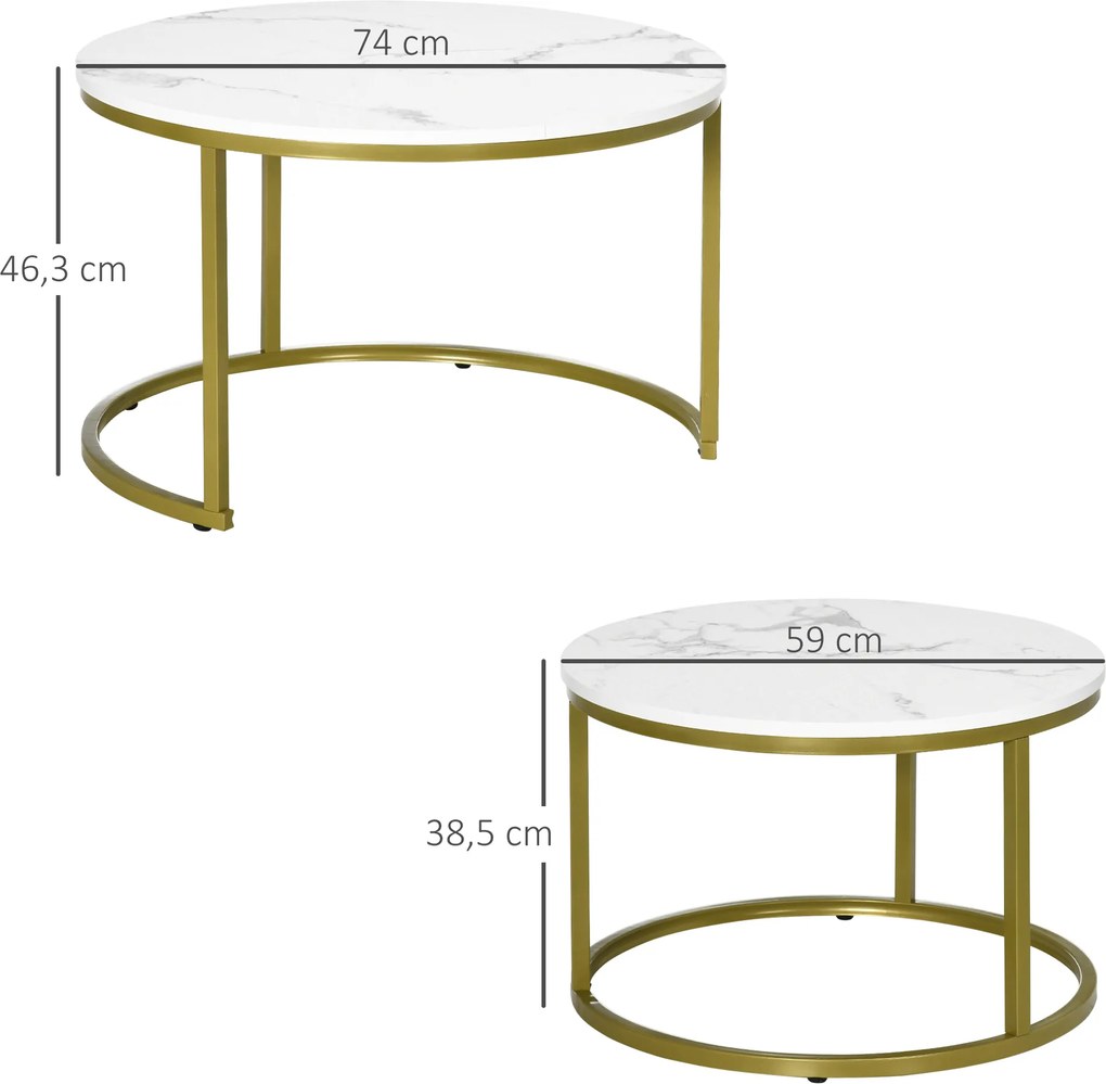 HOMCOM Zestaw Stolików Pomocniczych, 2 Stoliki, Ø74 & Ø59 cm, Wygląd Marmuru, Rama w Kolorze Złota