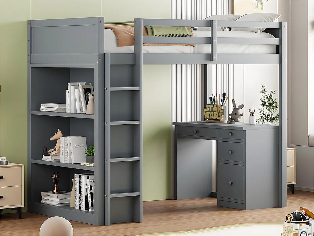 Łóżko mezzanine 90x200 cm - z meblami do przechowywania i biurkiem - z litego drewna - Szare