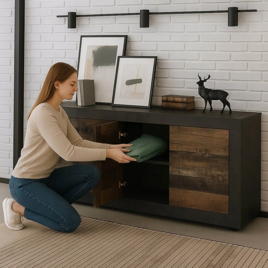 Komoda Czterodrzwiowa BLAGO 180 cm Ciemny Dąb/Czarny Loft