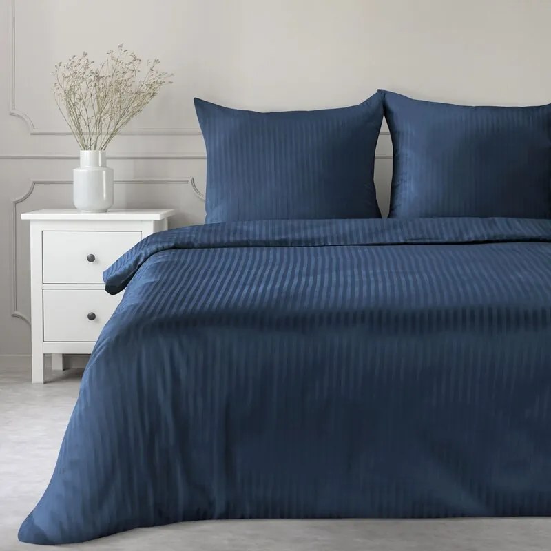Pościel 160x200 satyna bawełniana granatowa w prążki komplet