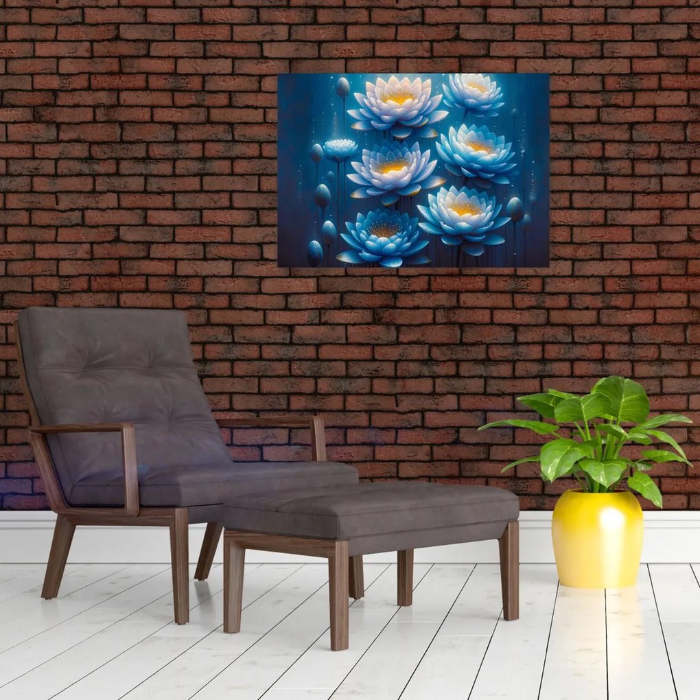 Obraz na szkle - Lilie wodne pod powierzchnią (70x50 cm)