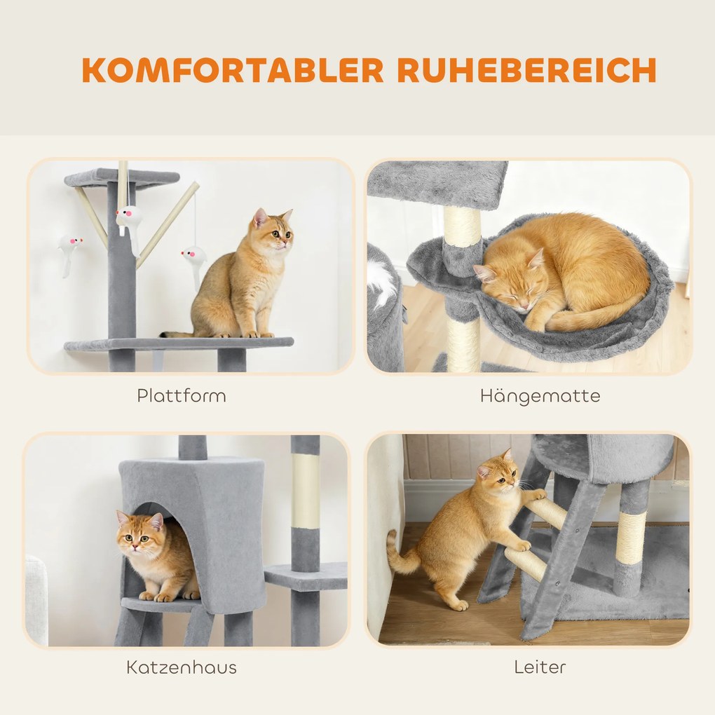 PawHut Drapak dla kota z domkiem, 4 zabawki, słupki z sizalu, duża platforma, schodek, dla kotów poniżej 5 kg, Szary