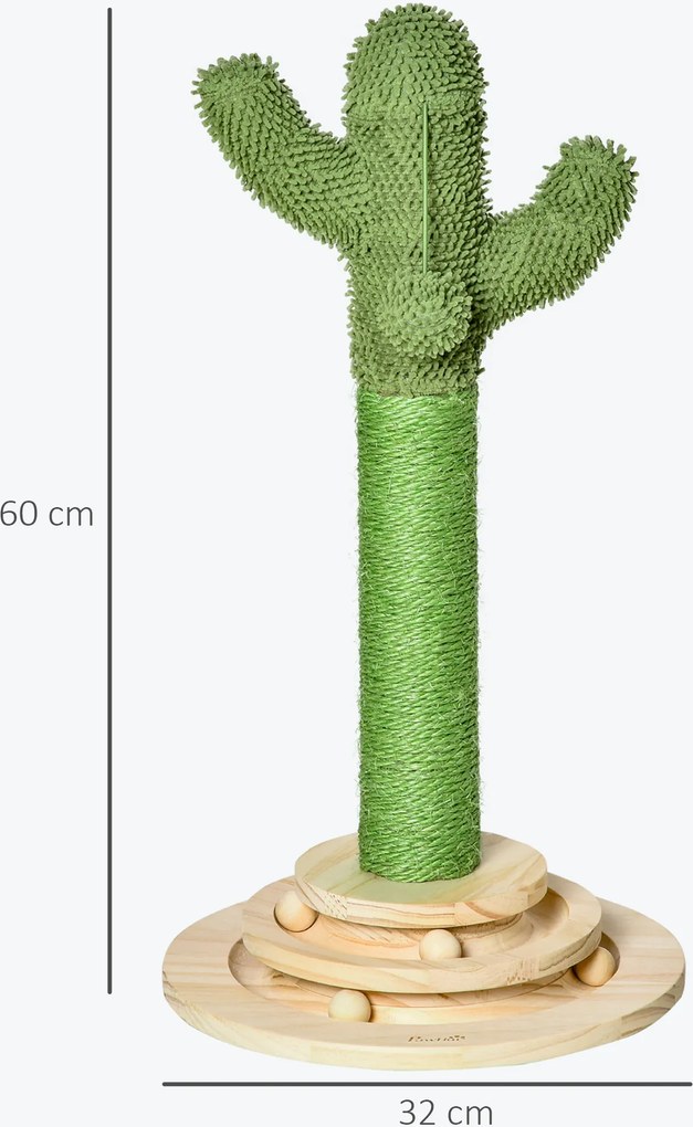 PawHut Drapak Kaktus dla Kotów Drewno Sosnowe Sizalowy Słupek z Kulką 60cm Zielony Naturalny | Aosom PL