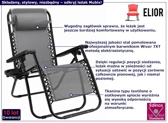 Szary wielopozycyjny leżak ogrodowy - Mubix