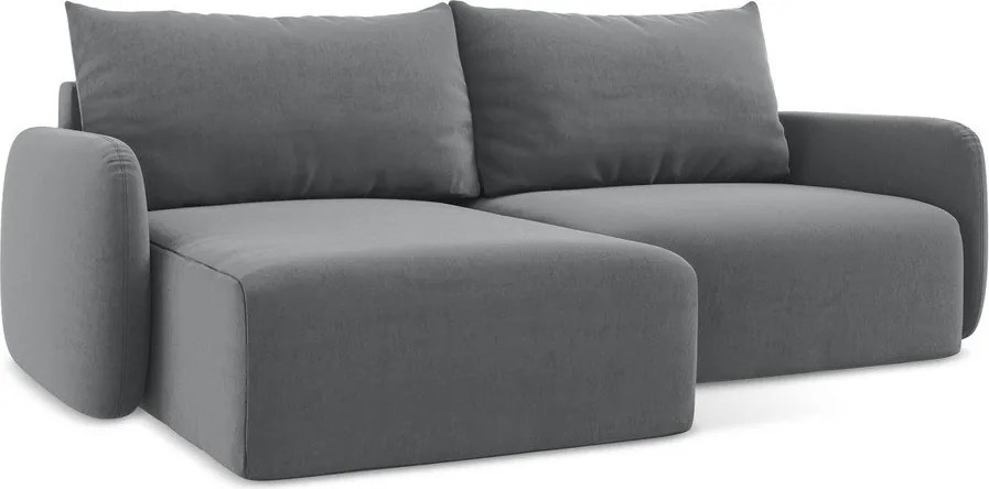 Szary aksamitny rozkładany/ze schowkiem narożnik (lewostronny/z szezlongiem) Kalena – Makamii