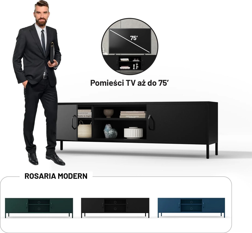 Szafka RTV metalowa szeroka XL na nóżkach czarna, 1700x400x500 mm: ROSARIA