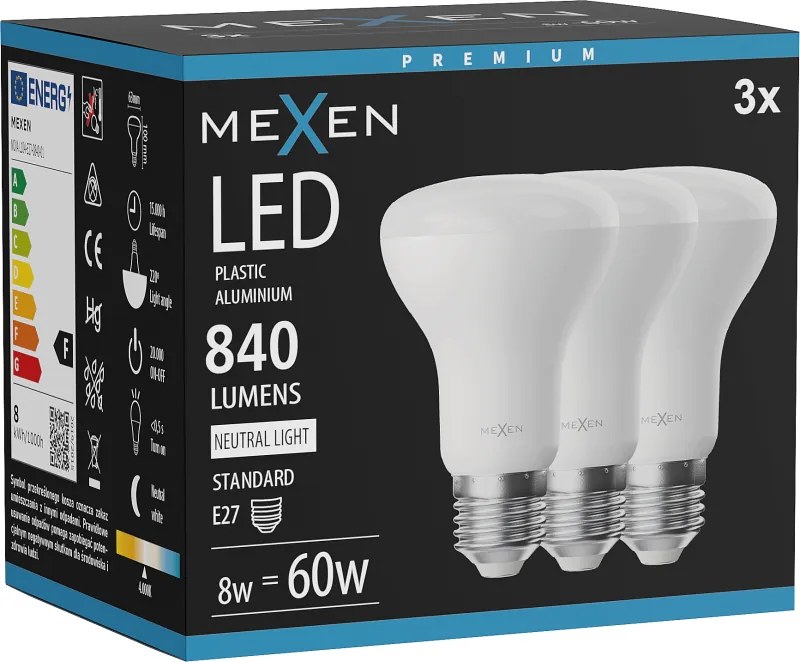 Mexen Nova 3x żarówka LED E27, R63, 8W, Neutralna - 4000K, 840 lm - L104-E27-0840-01x03