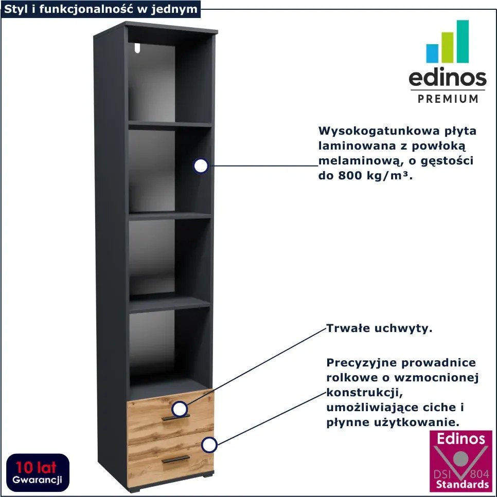 Wysoki regał słupek z 2 szufladami grafit + dąb wotan C3-C92
