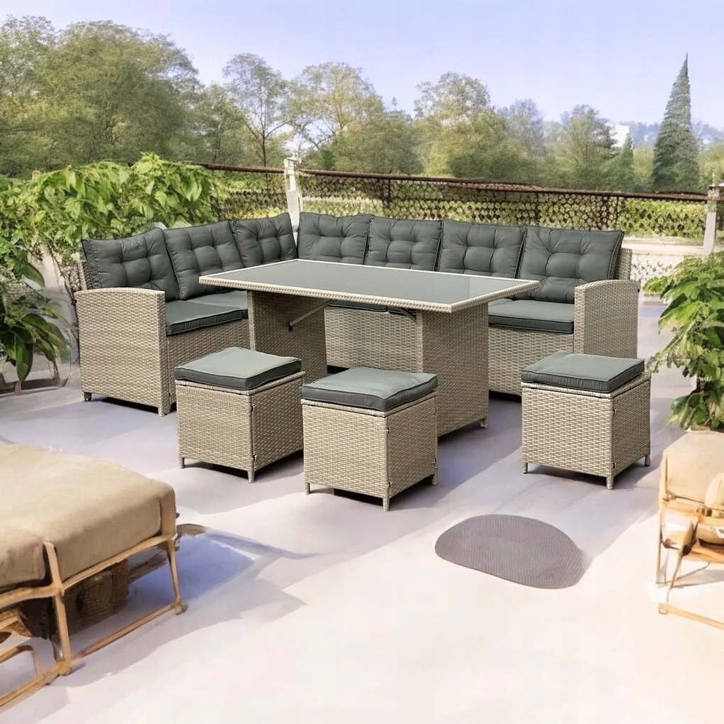 Narożnik ogrodowy ze stołem i pufami Mexico 019 jasny beż, poduszki szare