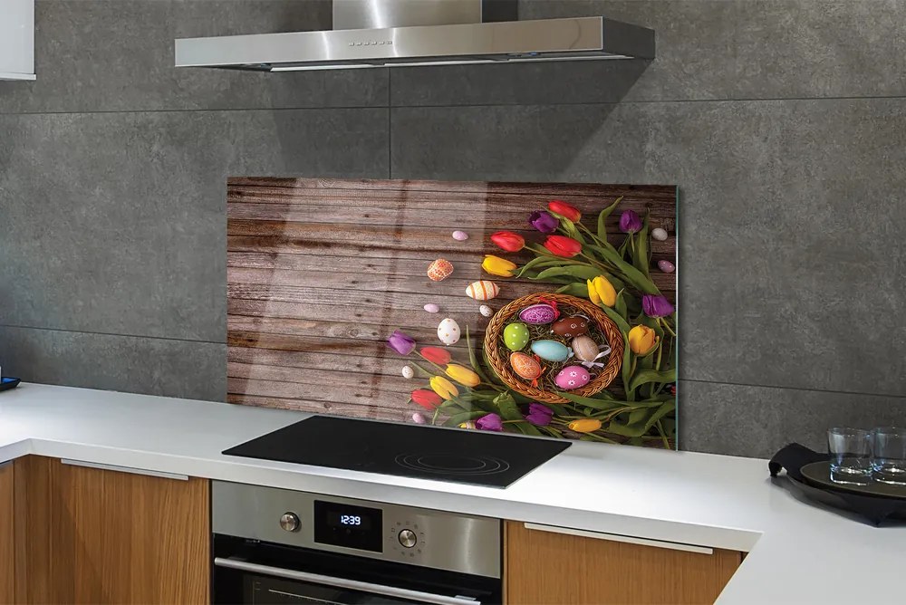 Szkło do Kuchni na Ścianę Tulipany i Jajka na Drewnie