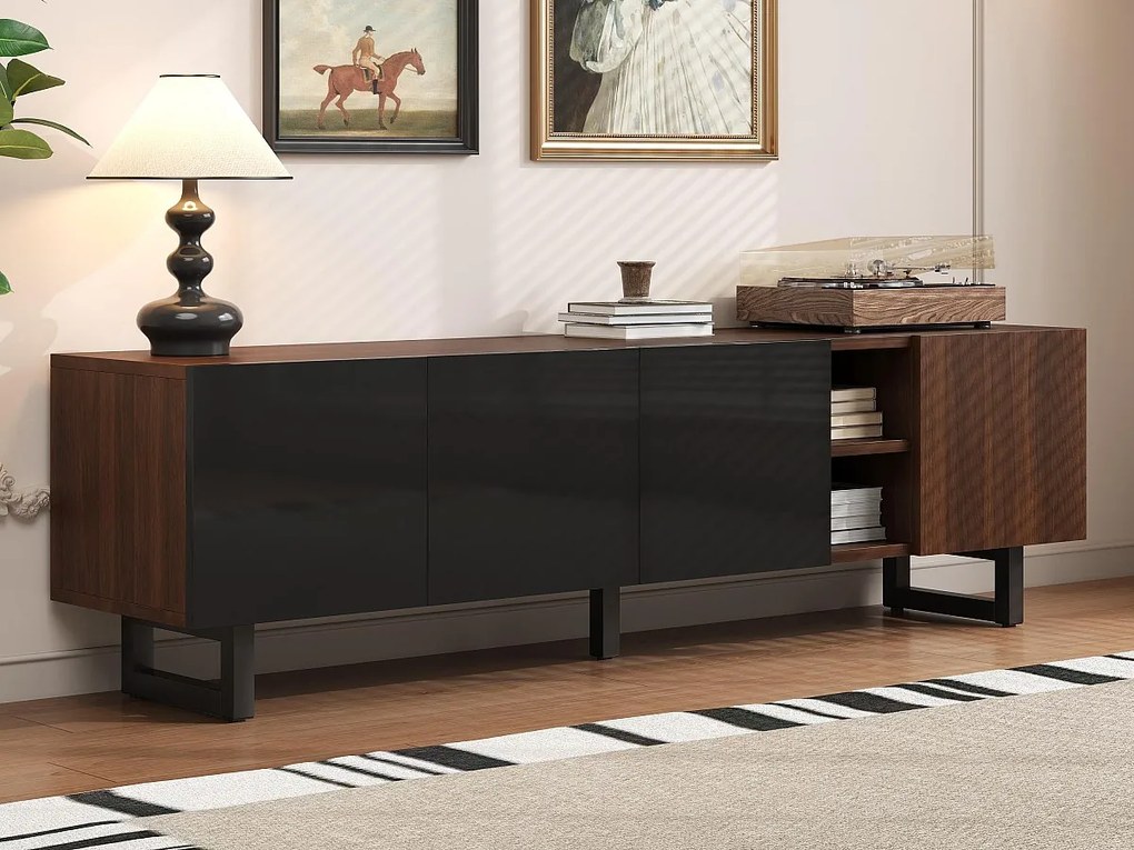 Meble pod TV 180x38x50 cm - z 4 frontami - wygląd drewna - Fronty wysokiego połysku - MDF + płyty wiórowe - Kolor naturalny + czarny