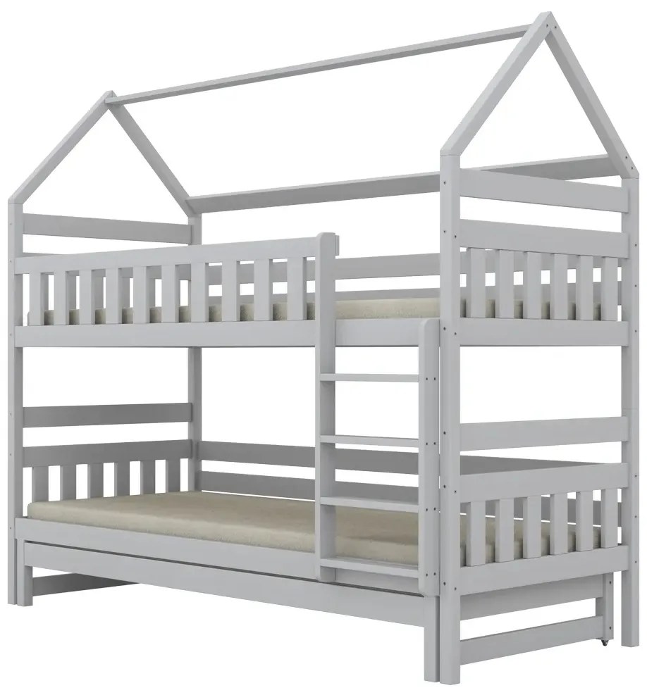 Łóżko piętrowe domek FELIKS 160x80 białe drewniane trzyosobowe KOCOT KIDS