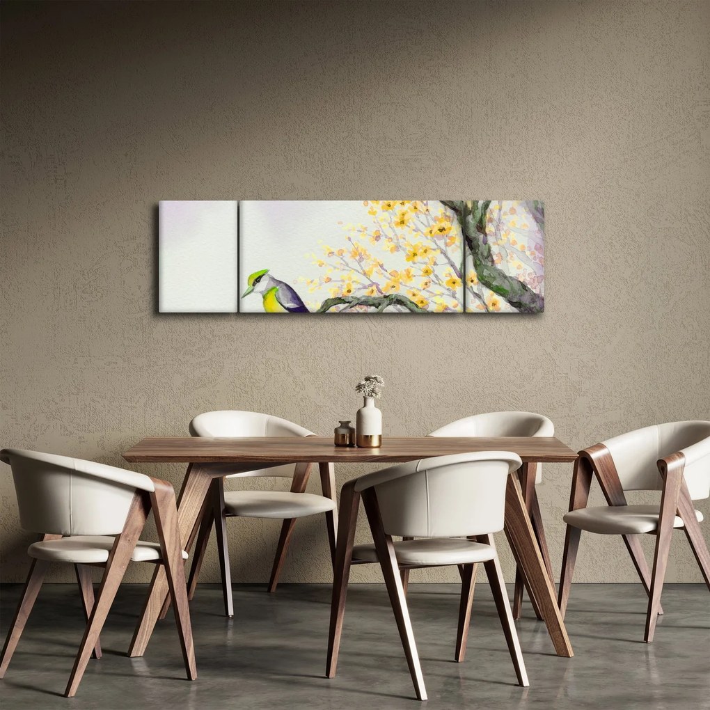 Obraz - Akwarelowy ptaszek na drzewie (170x50 cm)
