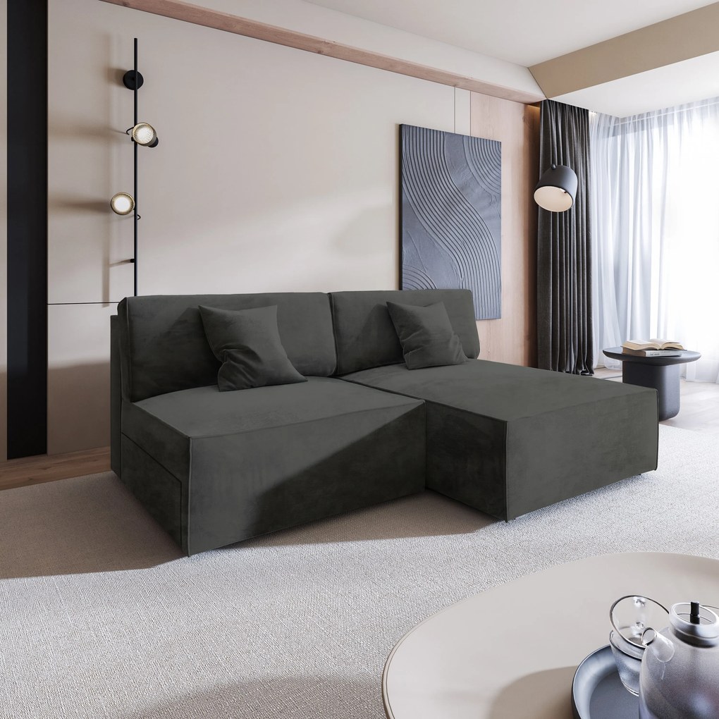 Masseno Narożnik FIORO z funkcją spania i pojemnikiem na pościel Narozniki L, Rozkładana sofa - Czarny, MONOLITH 95