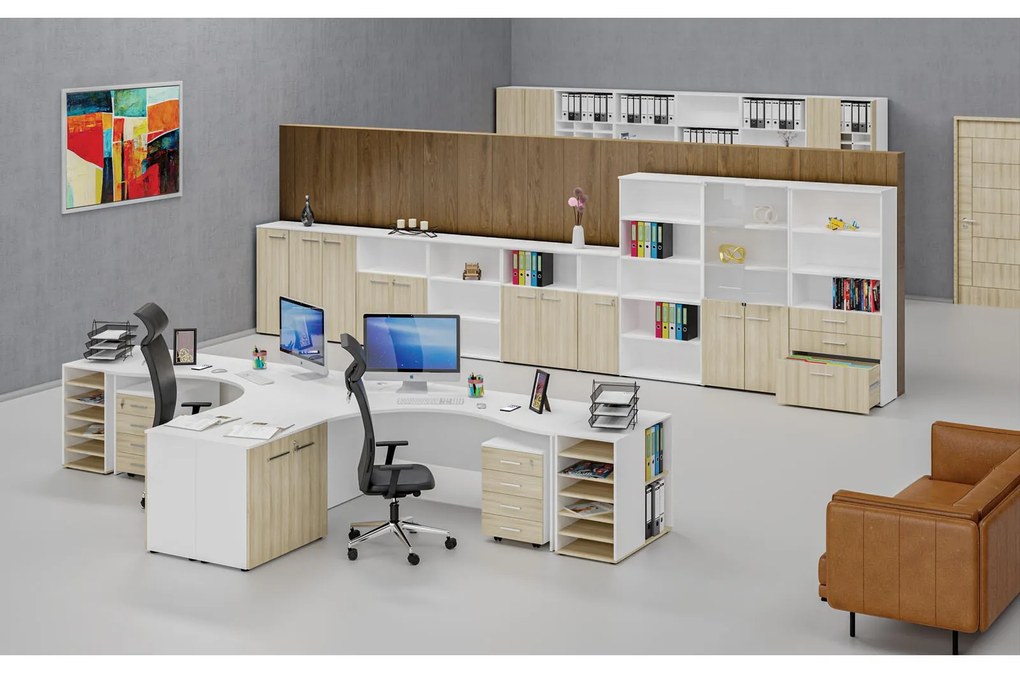 Szafa biurowa kombinowana PRIMO WHITE, drzwi na 2 poziomach, 800 x 420 x 1781 mm, biały/dąb naturalny