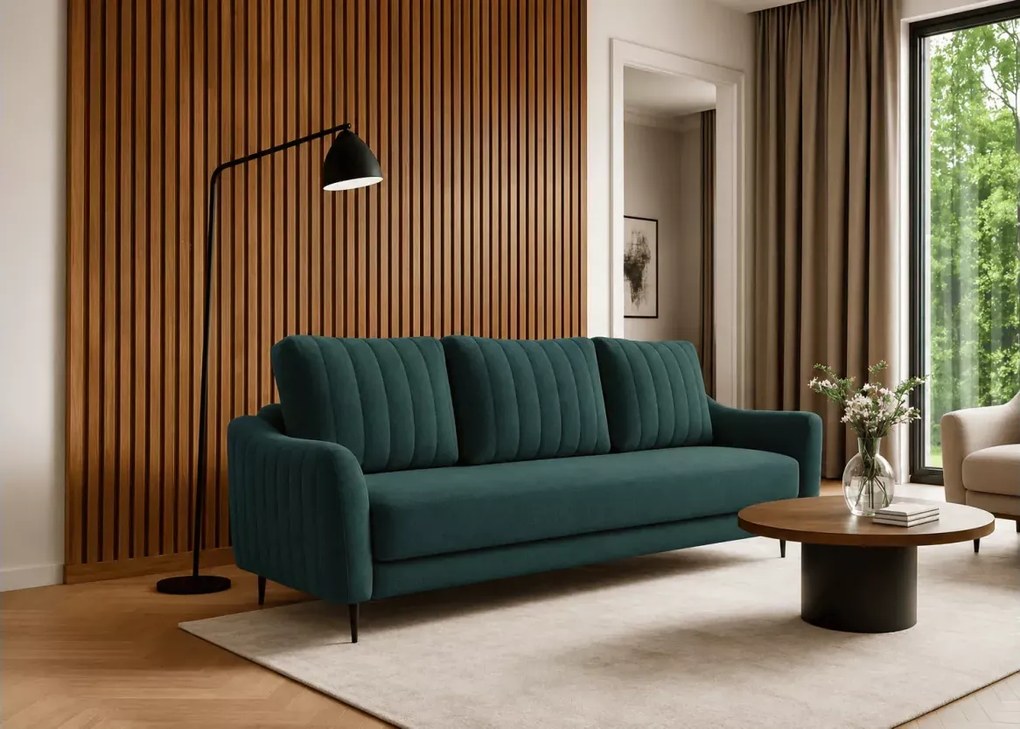 Kanapa Arvella – elegancka sofa 3-osobowa z funkcją spania i pojemnikiem na pościel, dostępna w 6 kolorach tkanin