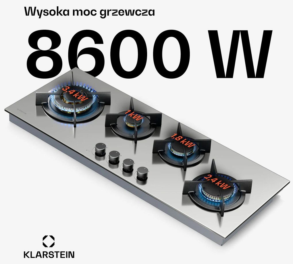 Klarstein Goldflame Slim 90cm Płyta Gazowa 4 Palniki Srebrny