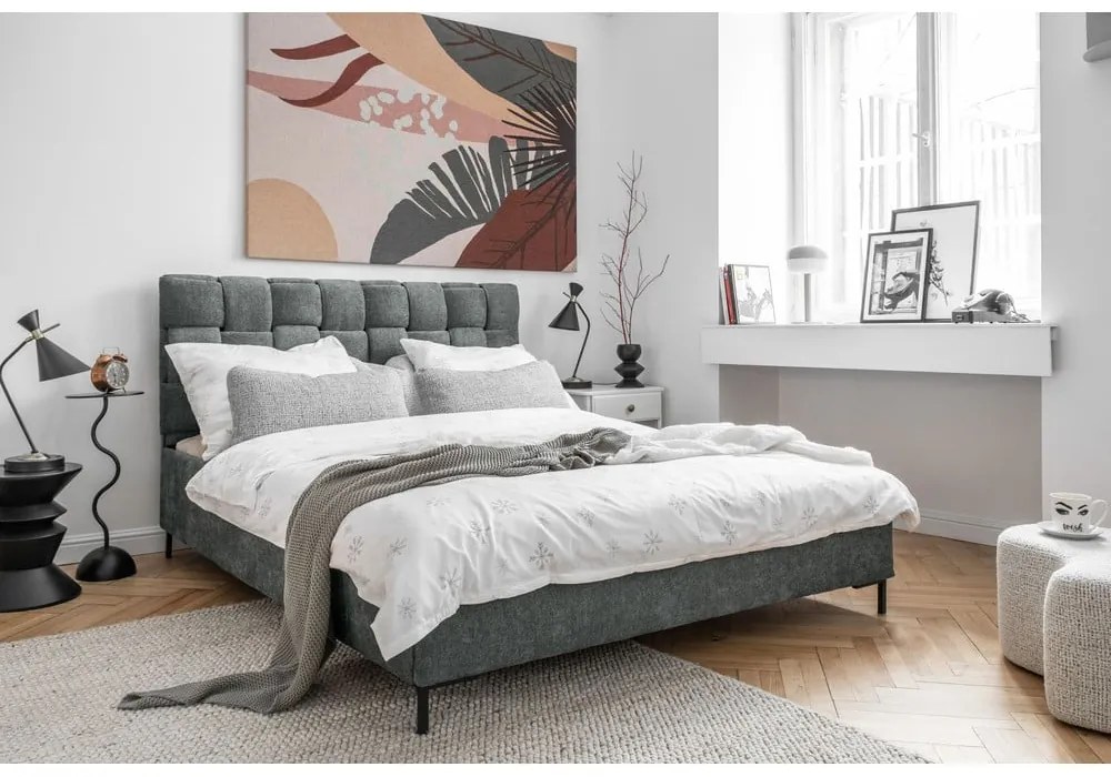 Jasnozielone tapicerowane łóżko dwuosobowe ze stelażem 180x200 cm Eve – Miuform