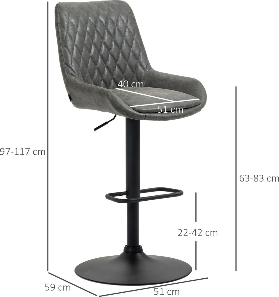 HOMCOM Barhocker Stołki kuchenne Stołek designu, regulowana wysokość, z podnóżkiem, 51 cm x 59 cm x 117 cm, Ciemnoszary + Czarny