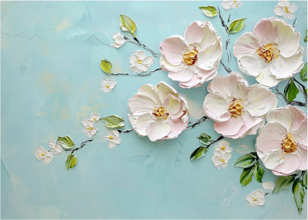 Obraz na szkle - Kwiatki na niebieskim tle (70x50 cm)