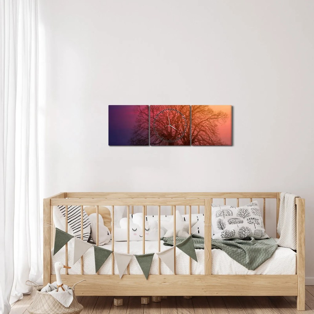 Obraz drzew we mgle (z zegarem) (90x30 cm)