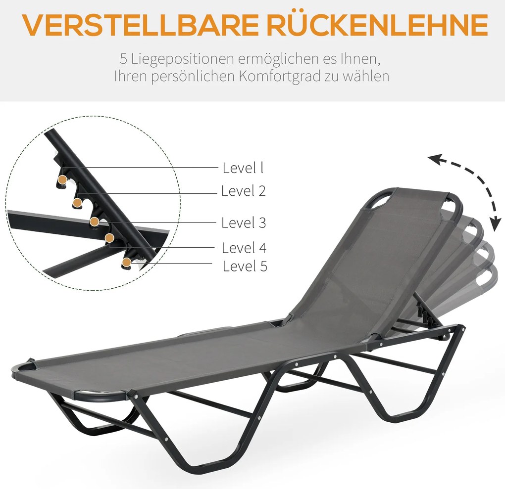 Outsunny Leżak Plażowy 5-Poziomowy Aluminiowy Ogrodowy Szary Czarny 163x585x89cm | Aosom PL