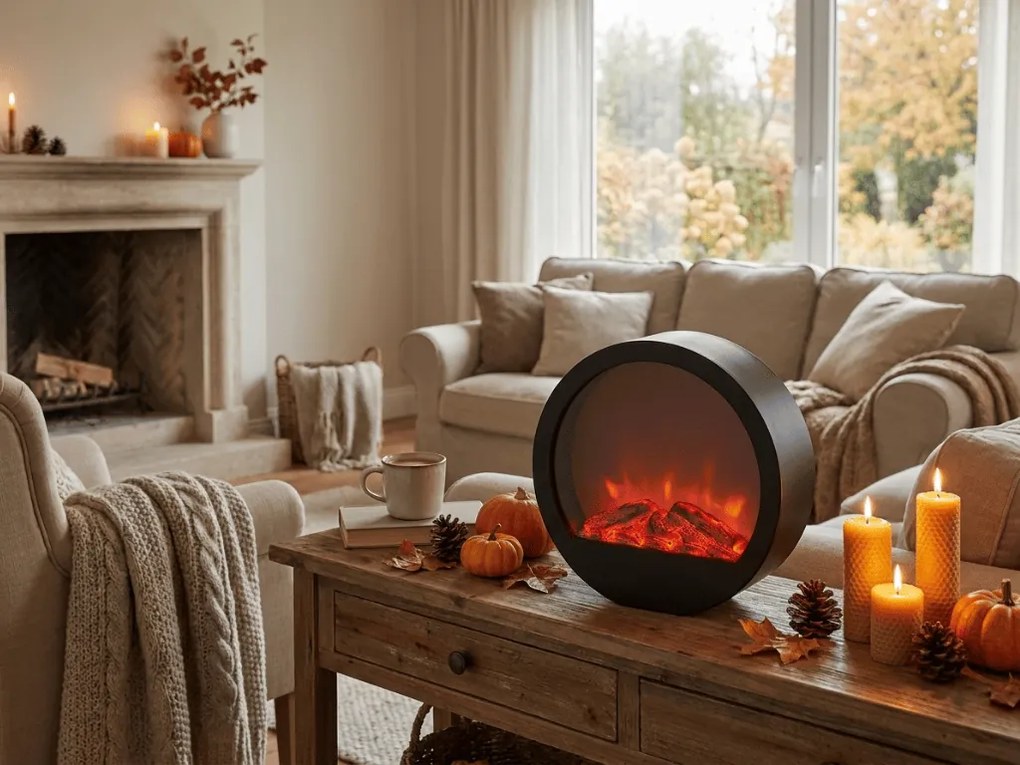 Dekoracja LED okrągły kominek COZY WARM 35x34,5 cm, czarny.