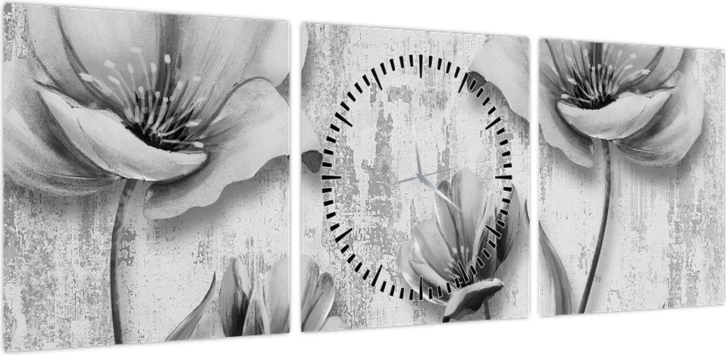 Obraz - Czarno-białe kwiaty na tle (z zegarem) (90x30 cm)
