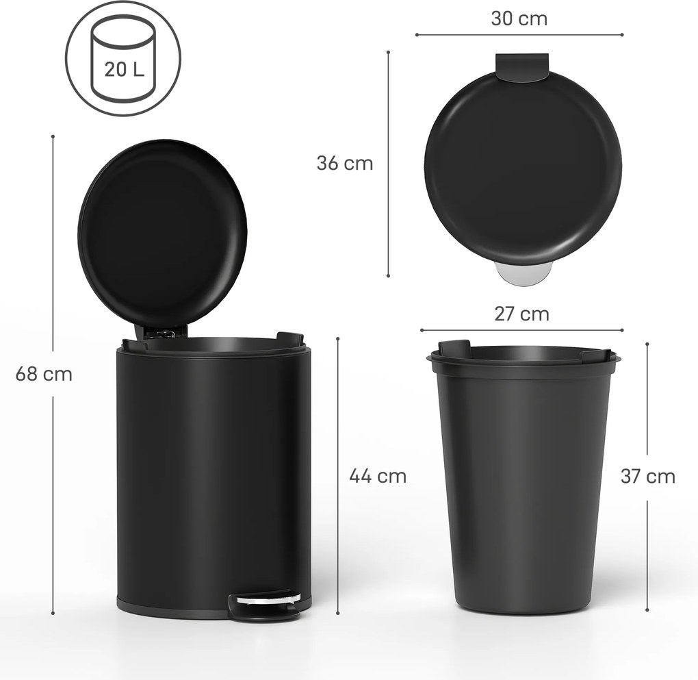 HOMCOM 20 l kosz kuchenny, metal odporny na odciski palców, pokrywa Soft-Close, pedał nożny i wyjmowany kubeł, czarny | Aosom PL