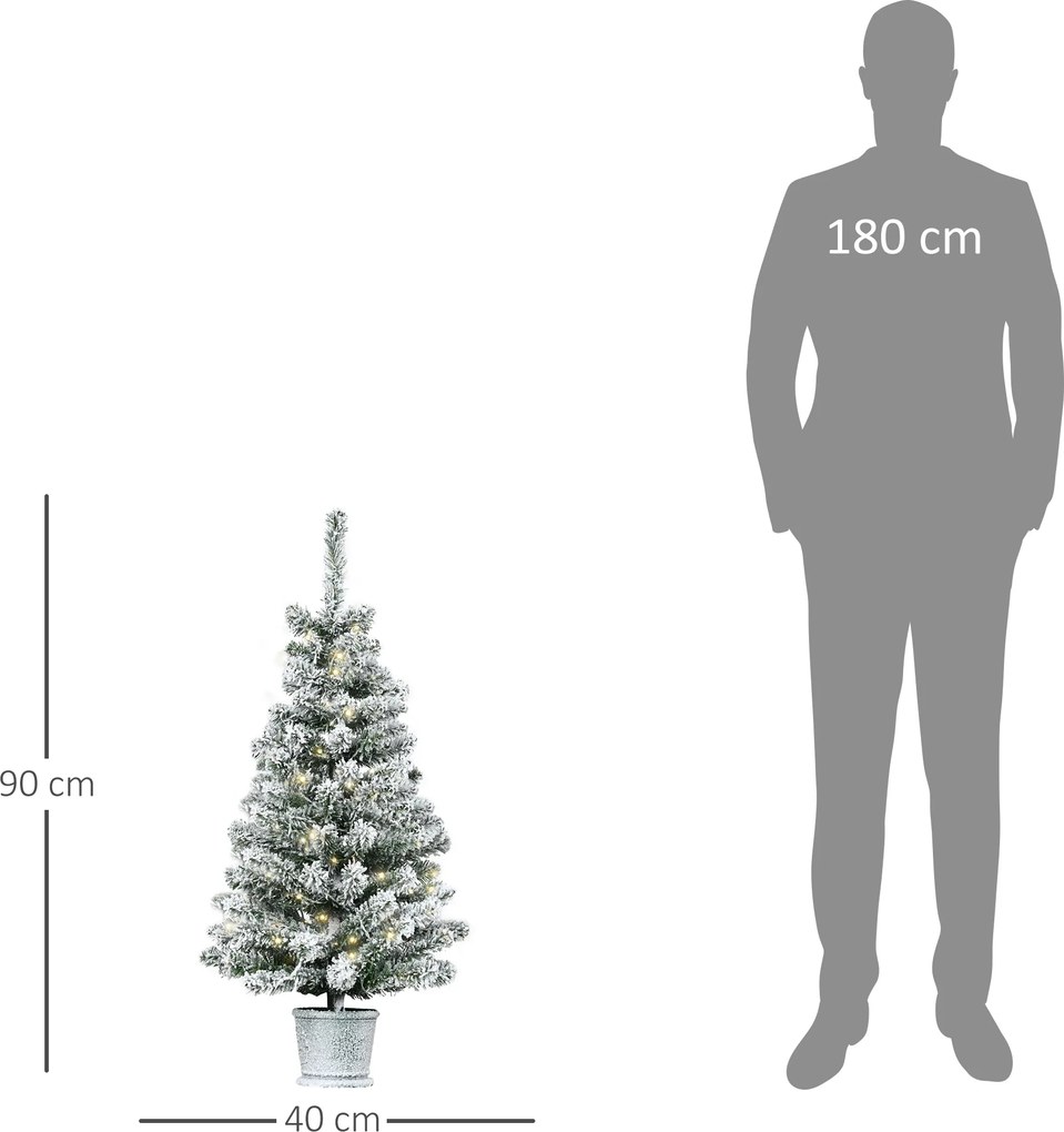 HOMCOM Mini Choinka Ø40x90 cm, z efektem śniegu, 60 diod LED, ognioodporna, plastik, Zielony/Biały | Aosom PL