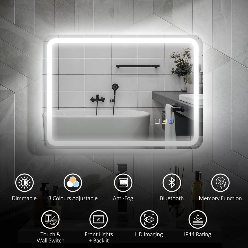HOMCOM Lustro łazienkowe z oświetleniem LED, matą przeciwmgłową, 3 regulowanymi kolorami, 700 x 900 mm, Kolor srebrny