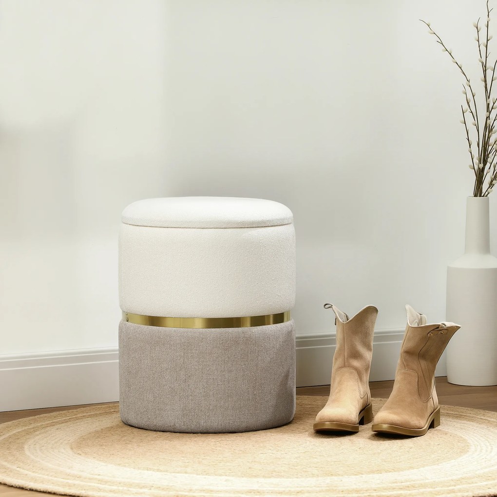 HOMCOM Taboret z miejscem do przechowywania, kremowy, z metalowym pierścieniem, dwukolorowy design, Ø36 x 44H cm