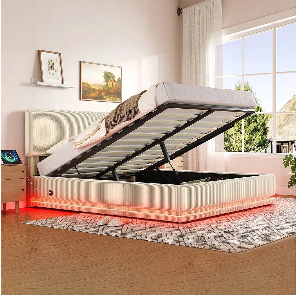 Łóżko tapicerowane hydrauliczne ze schowkiem - 140 x 200 cm - z diodami LED + USB + regulowany zagłówek - welur - beż
