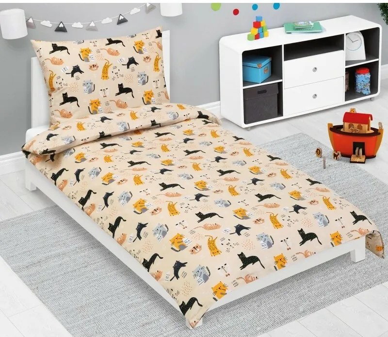Bellatex Dziecięca pościel bawełniana Junior Kot beżowy, 140 x 200, 70 x 90 cm
