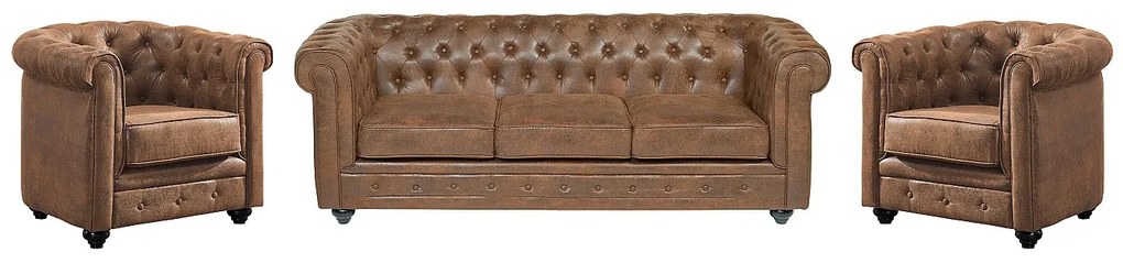 Kanapa 3-osobowa i 2 fotele CHESTERFIELD z  mikrofibry o wyglądzie postarzanej skóry