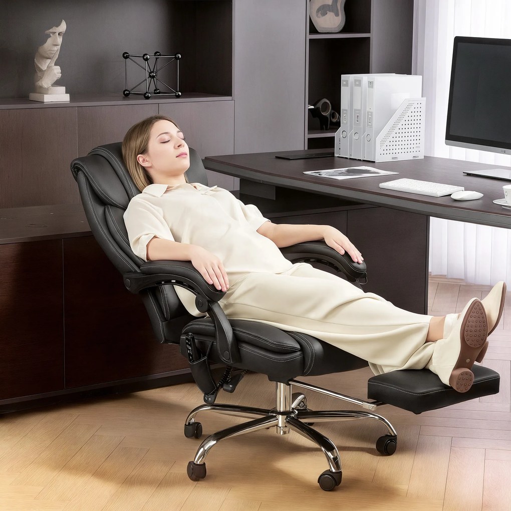 HOMCOM Fotel Biurowy Ergonomiczny z Funkcją Masażu, Podnóżkiem, Czarny Skórzany | Aosom PL