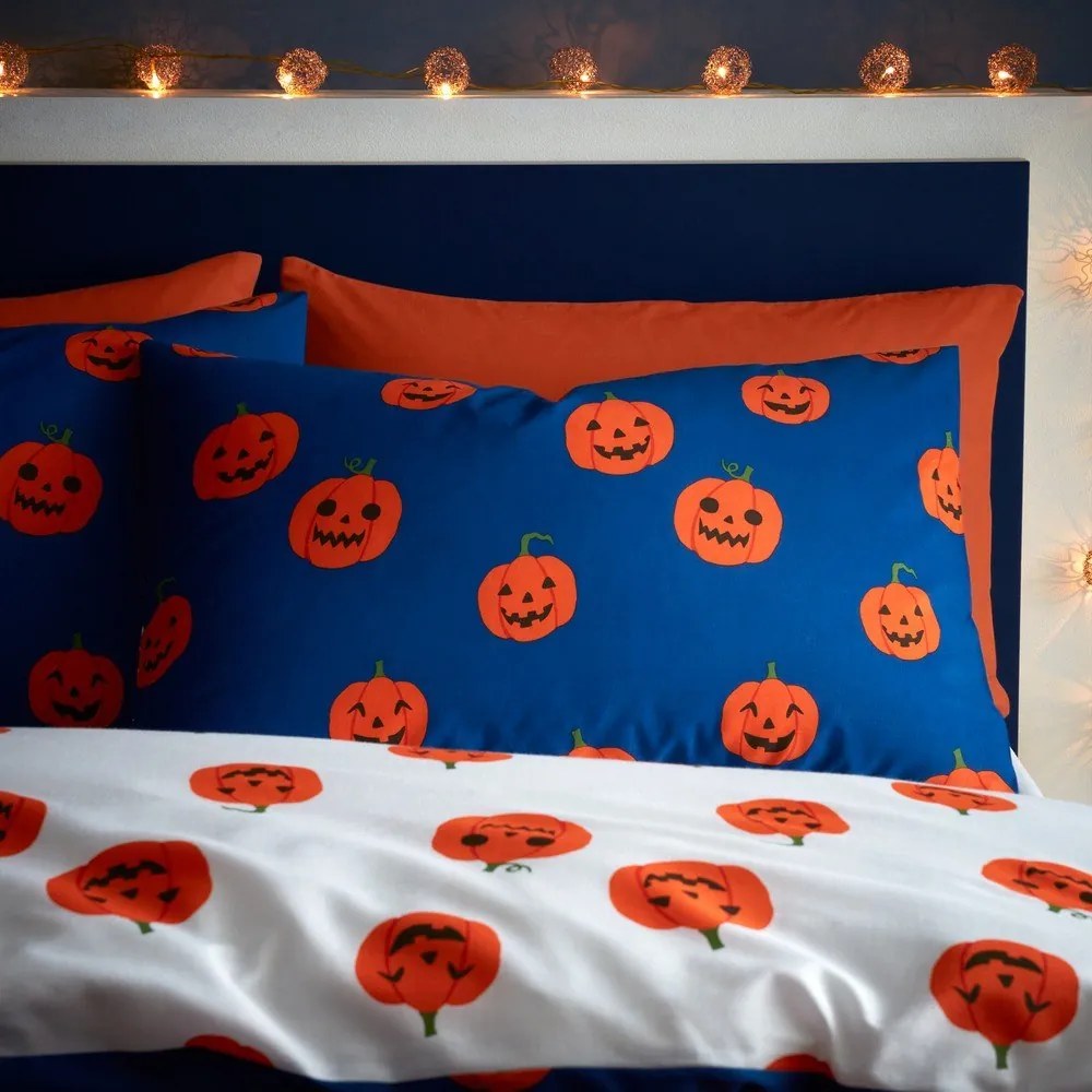 Niebiesko-pomarańczowa pościel dwuosobowa 230x220 cm Halloween Pumpkins – Catherine Lansfield