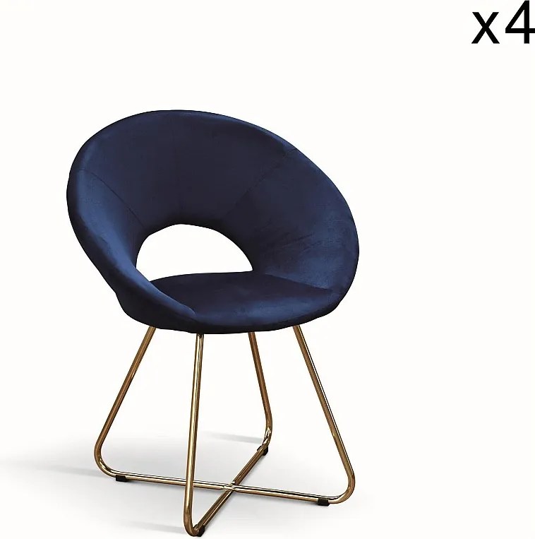 Zestaw 4 foteli z tkaniny z efektem aksamitu w kolorze niebieskim, metalowa podstawa w kolorze złotym - ZANTE