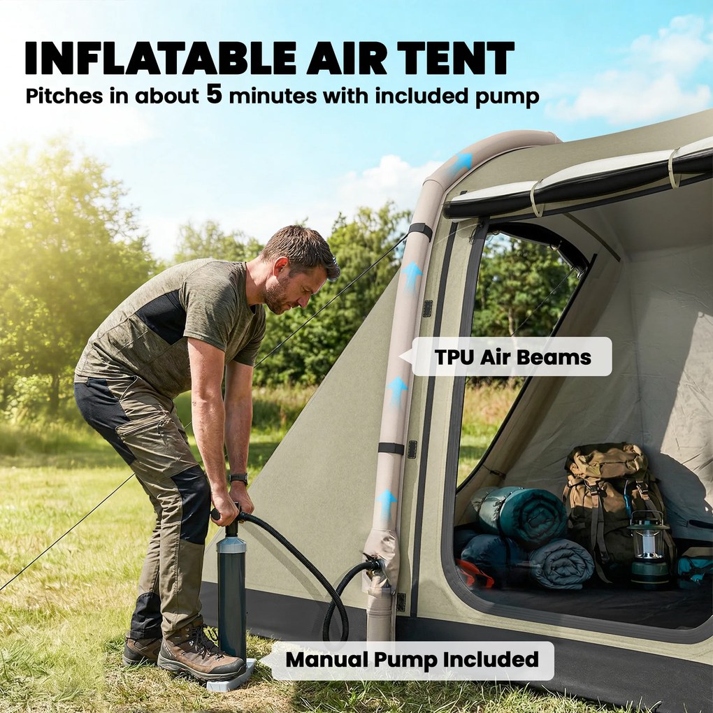 Outsunny Nadmuchiwany namiot dla 2-4 osób, szybkie rozstawianie, outdoorowy namiot z pompką, oknami z siatki, szpilkami i daszkiem | Aosom PL