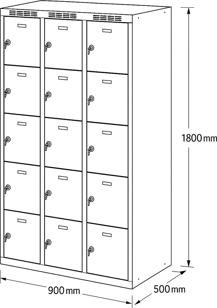 Szafka skrytkowa S6, 15 schowków, 1800 x 900 x 500 mm, zamek obrotowy, drzwi niebieskie