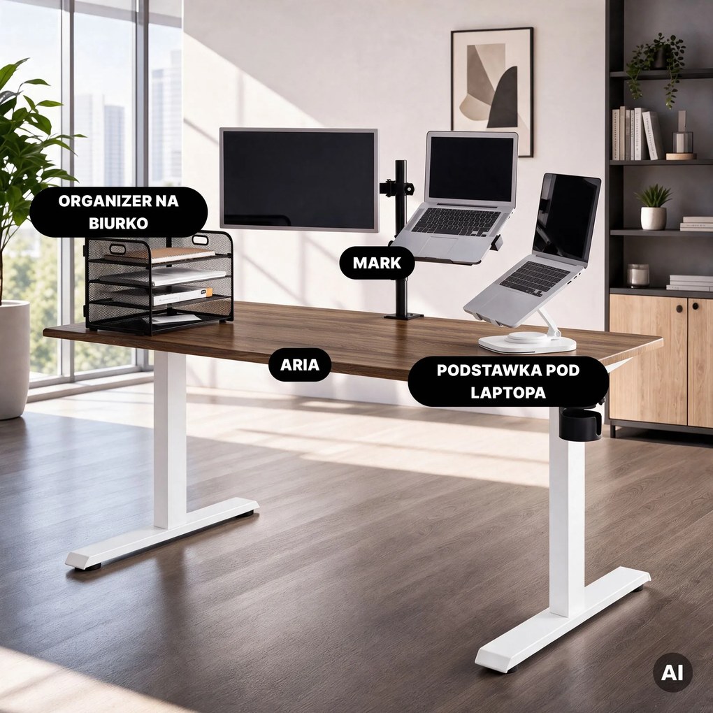 Biurko elektryczne z regulacją wysokości ergonomiczne białe/orzech,1600x800 mm: ARIA
