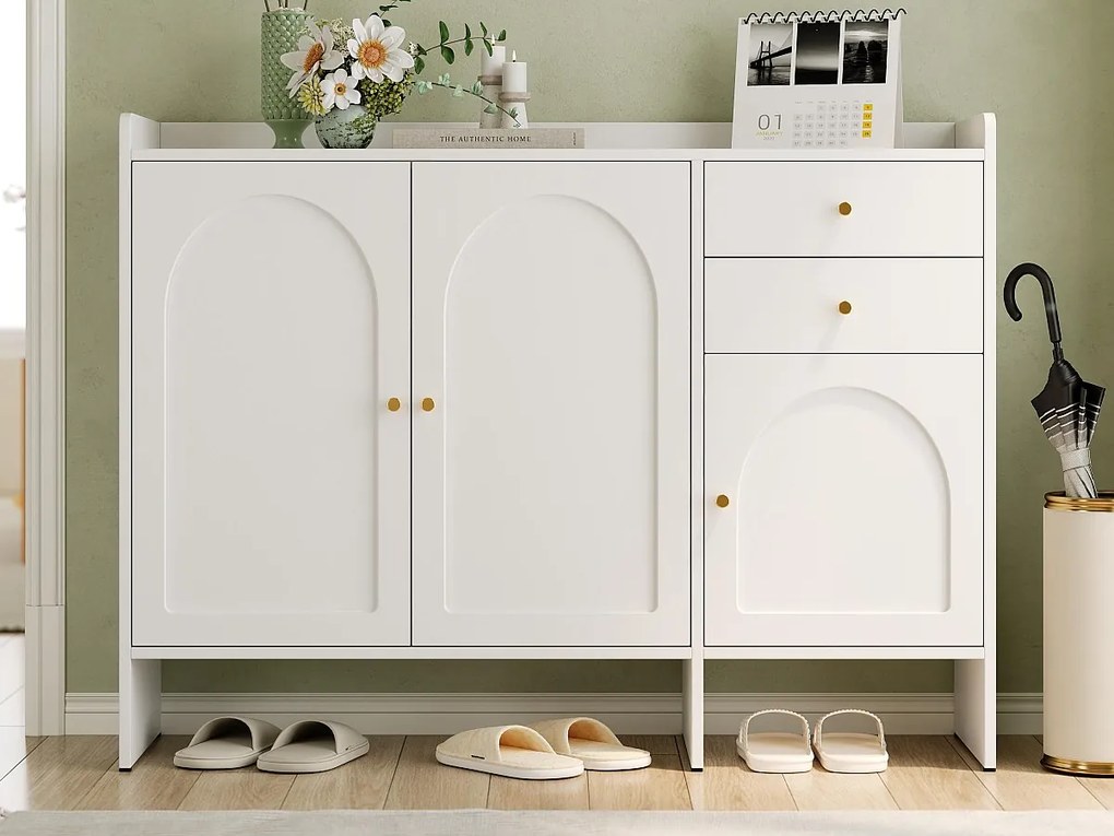 Szafa na buty 120x35x90cm - z 3 drzwiami i 2 szufladami - uchwyt metalowy - Biały