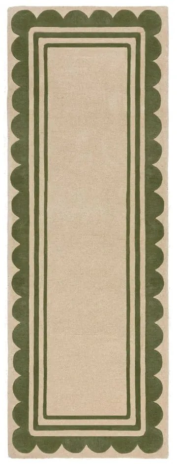 Zielono-naturalny wełniany chodnik tkany ręcznie 80x230 cm Lois Scallop – Flair Rugs