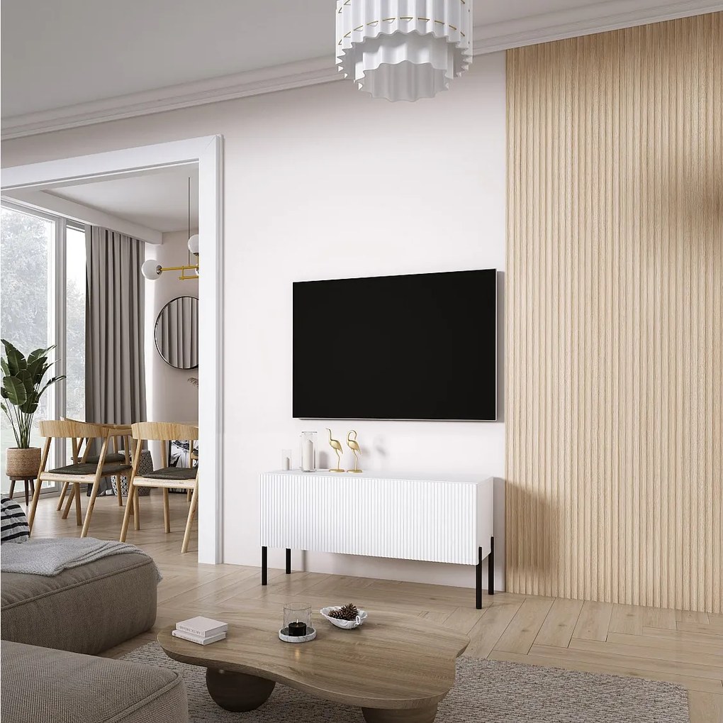 Szafka pod telewizor z ryflowanym frontem 100, Biały Mat, nóżki proste czarne, 100 × 32 × 52 cm