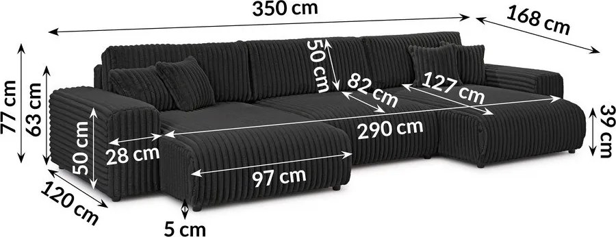 Ciemnoszary sztruksowy rozkładany narożnik ze schowkiem (w kształcie litery U) Sarina – Ropez