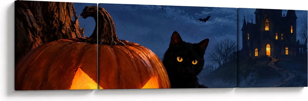 Obraz - Czarny kot przy świecącej dyni na Halloween (170x50 cm)