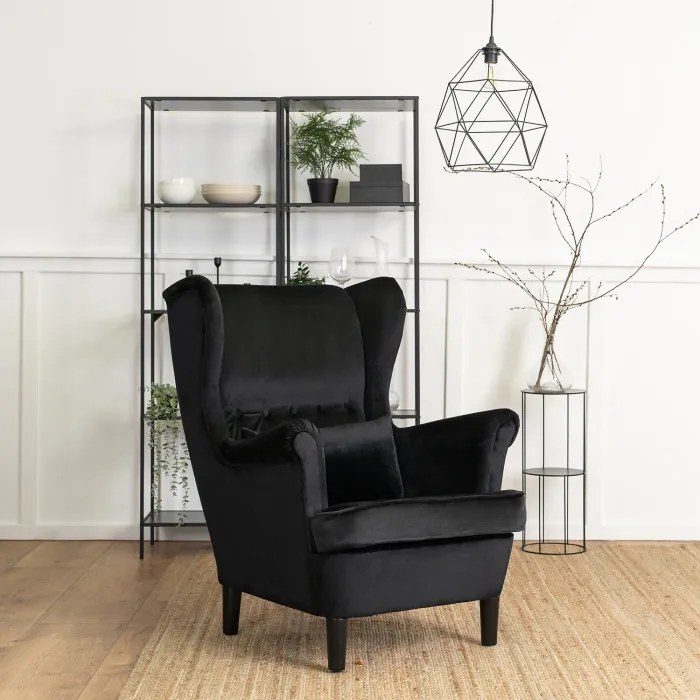 Fotel Uszak Wypoczynkowy KLARIS 2 Czarny Welurowy do Salonu Nowoczesny Loft