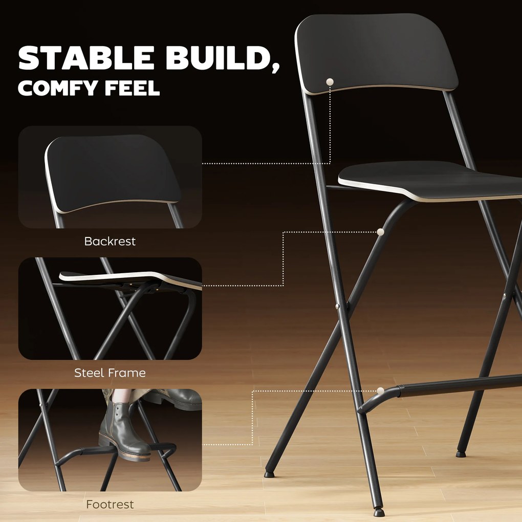 HOMCOM Zestaw 2 Hockerów Barowych, składane hockery z stalową ramą, do kuchni, jadalni, czarny