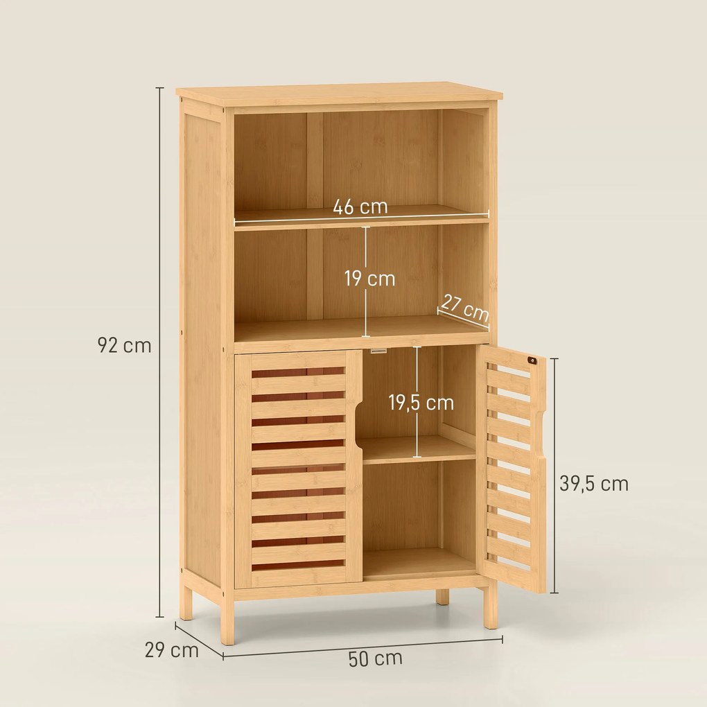 kleankin Szafka Łazienkowa Bambusowa z Żaluzjowymi Drzwiami 2 Półki Drewno Naturalne 50x29x92cm | Aosom PL